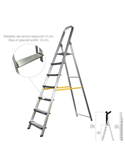 Escalera Doméstica Aluminio Profesional 7 Peldaños 12 cm Grosor.
