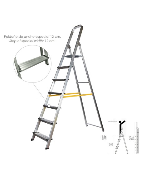 Escalera Doméstica Aluminio Profesional 7 Peldaños 12 cm Grosor.