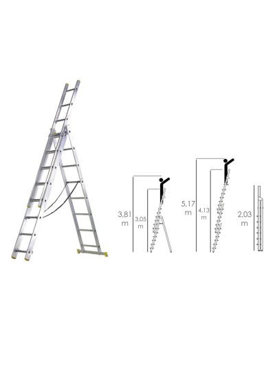 Escalera Aluminio 3 Tramos 7+7+7 Peldaños.Plegable, Telescópica, Antideslizante, Resistente.