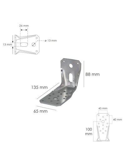 Soporte Para Madera Con Angulo Reforzado 65x88x135 mm. Conector Angular, Escuadra Fijación, Zapata Madera Soporte Pergola Madera
