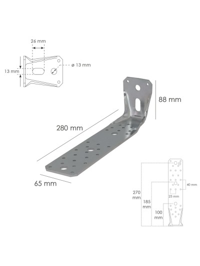Soporte Para Madera Con Angulo Reforzado 65x88x285 mm. Conector Angular, Escuadra Fijación, Zapata Madera Soporte Pergola Madera