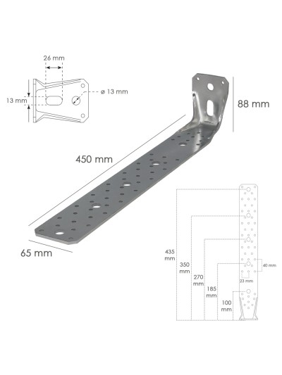 Soporte Para Madera Con Angulo Reforzado 65x88x450 mm. Conector Angular, Escuadra Fijación, Zapata Madera Soporte Pergola Madera