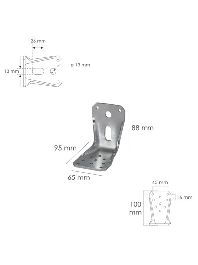Soporte Para Madera Con Angulo Reforzado 65x88x95 mm. Conector Angular, Escuadra Fijación, Zapata Madera, Soporte Pergola Madera