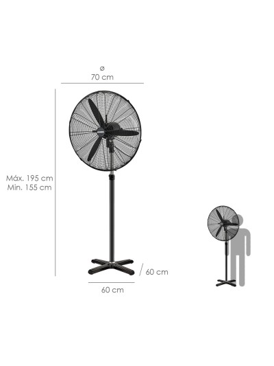 Ventilador Pie Ø 70 x195 cm. Negro 190 W. Oscilación Automatica, Altura Regulable, Cabezal Inclinable, Base Estable 60x60 cm.