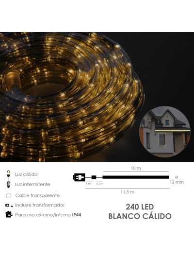 Luces Navidad Tubo Luz Blanca Calida 240 LEDs Uso Exteriores / Interiores Protección IP44 Rollo 10 Metros