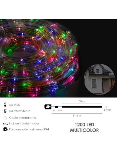 Luces Navidad Tubo Luz Multicolor 1200 LEDs Uso Exteriores / Interiores Protección IP44 Rollo 50 Metros Con 3 Kits de división