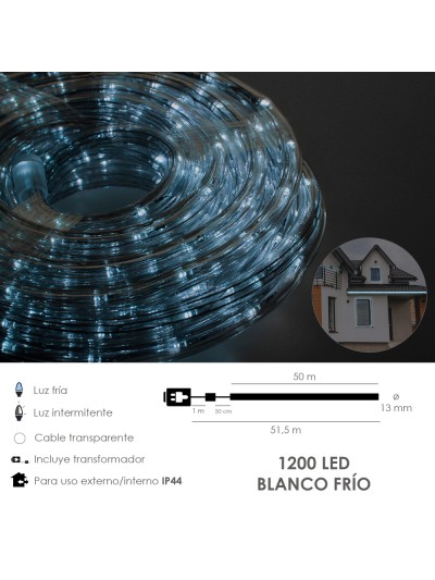 Luces Navidad Tubo Luz Blanca Fria 1200 LEDs Para Exteriores / Interiores Protección IP44 Rollo 50 Metros Con 3 Kits de división