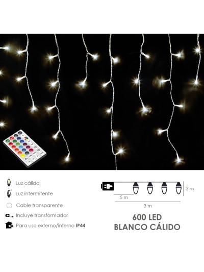 Guirnalda Luces Navidad Cortina x3 Metros 600 Leds Blanco Calido. Luz Navidad Interiores y Exteriores Ip44. Cable Transparente