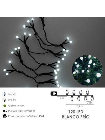 Guirnalda Luces Navidad Esfera 120 Leds Luz Blanco Frio. Uso en Exteriores / Interiores Ip44