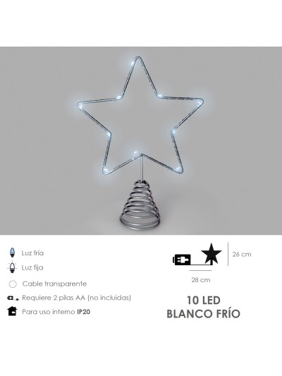 Guirnalda Adorno Luces Navidad Estrella Arbol Navidad Luz Blanco Frio. 10 Leds. Uso Interno Protección IP20. 2 Baterias AA