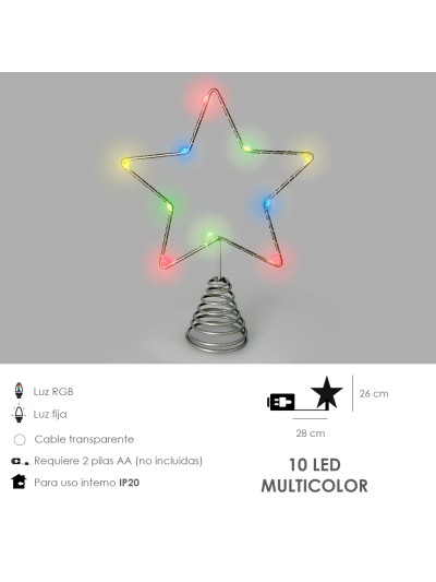 Guirnalda Adorno Luces Navidad Estrella Arbol Navidad Luz Multicolor. 10 Leds. Uso Interno Protección IP20. 2 Baterias AA