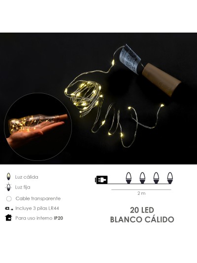 Luces Navidad Guirnalda Led con Tapon 20 Microled Blanco Calido IP20. A Pilas 3 LR44 (Si Incluidas)