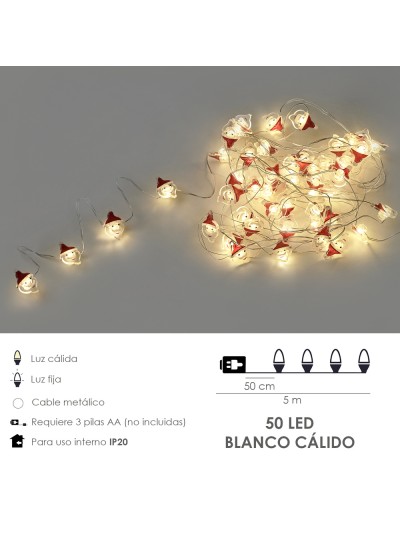 Guirnalda Luces Navidad A Pilas 50 Leds Papa Noel. Luz Calida Uso Interno IP20