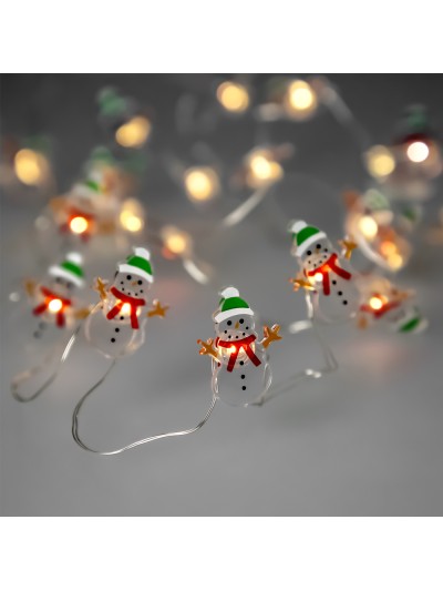 Guirnalda Luces Navidad A Pilas 20 Leds Muñecos de Nieve. Luz Calida Uso Interno IP20