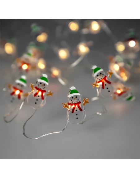 Guirnalda Luces Navidad A Pilas 20 Leds Muñecos de Nieve. Luz Calida Uso Interno IP20