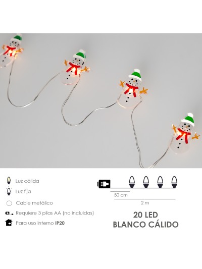 Guirnalda Luces Navidad A Pilas 20 Leds Muñecos de Nieve. Luz Calida Uso Interno IP20