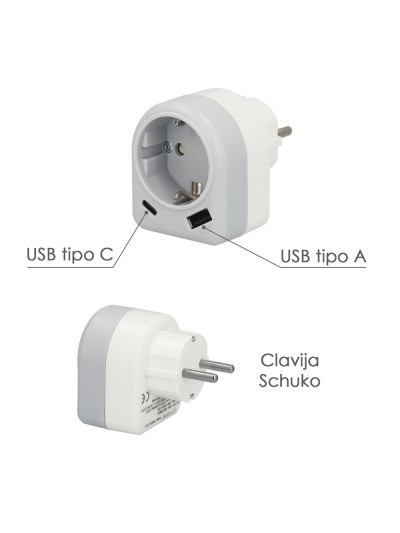 Enchufe / Adaptador Schuko Con 2 Tomas, USB A / C. Potencia Maxima 3680 W. Cargador Moviles, Cargador 2 Tomas, Adaptador Moviles