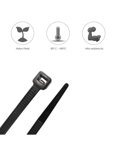 Brida Nylon 100%. Color Negro 2,5 x 100 mm. Bolsa 100 unidades. Abrazadera Plastico, Organizador Cables, Alta Resistencia