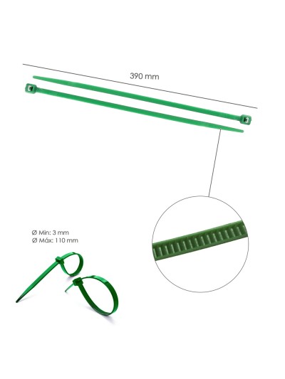 Brida Nylon 100%. Color Verde 4,6 x 390 mm. Bolsa 100 Unidades. AbraBridas Nylon 100% Verde 4,6x390 mm. (Bolsa 100 Unidades)