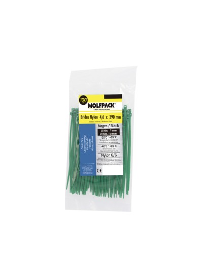 Brida Nylon 100%. Color Verde 4,6 x 390 mm. Bolsa 100 Unidades. AbraBridas Nylon 100% Verde 4,6x390 mm. (Bolsa 100 Unidades)