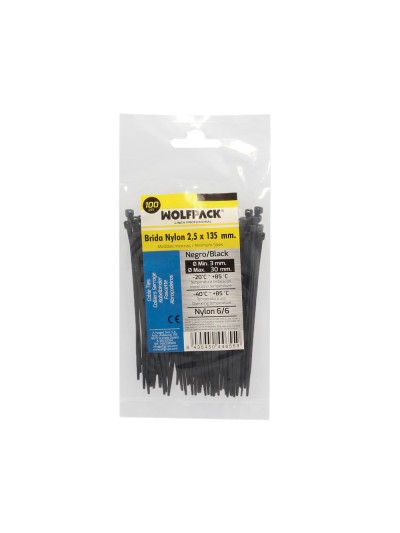 Brida Nylon 100%. Color Negro 2,5 x 135 mm. Bolsa 100 unidades. Abrazadera Plastico, Organizador Cables, Alta Resistencia