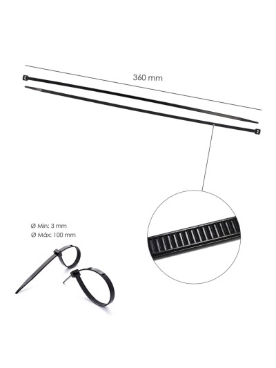 Brida Nylon 100%. Color Negro 4,5 x 360 mm. Bolsa 100 unidades. Abrazadera Plastico, Organizador Cables, Alta Resistencia