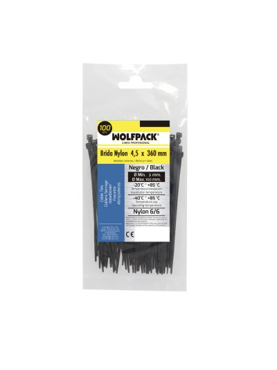 Brida Nylon 100%. Color Negro 4,5 x 360 mm. Bolsa 100 unidades. Abrazadera Plastico, Organizador Cables, Alta Resistencia