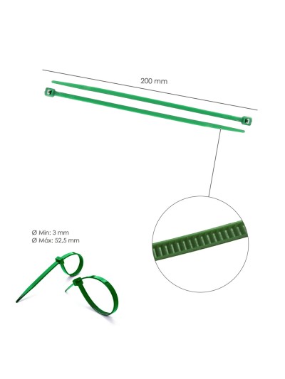 Brida Nylon 100%. Color Verde 3,6 x 200 mm. Bolsa 100 Unidades. Abrazadera Plastico, Organizador Cables, Alta Resistencia