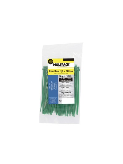 Brida Nylon 100%. Color Verde 3,6 x 200 mm. Bolsa 100 Unidades. Abrazadera Plastico, Organizador Cables, Alta Resistencia