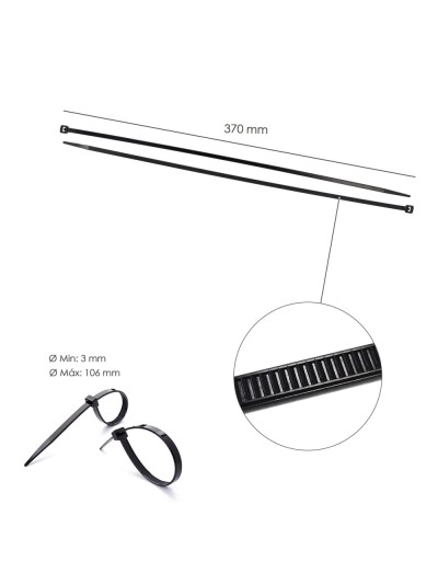 Brida Nylon 100%. Color Negro 3,6 x 370 mm. Bolsa 100 unidades. Abrazadera Plastico, Organizador Cables, Alta Resistencia