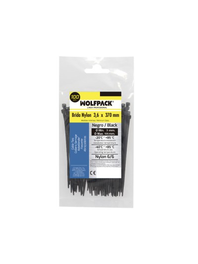 Brida Nylon 100%. Color Negro 3,6 x 370 mm. Bolsa 100 unidades. Abrazadera Plastico, Organizador Cables, Alta Resistencia