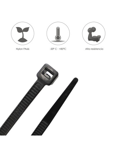 Brida Nylon 100%. Color Negro 7,5 x 360 mm. Bolsa 100 unidades. Abrazadera Plastico, Organizador Cables, Alta Resistencia