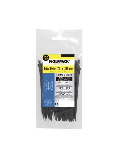 Brida Nylon 100%. Color Negro 7,5 x 360 mm. Bolsa 100 unidades. Abrazadera Plastico, Organizador Cables, Alta Resistencia