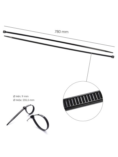 Brida Nylon 100%. Color Negro 9,0 x 780 mm. Bolsa 100 unidades. Abrazadera Plastico, Organizador Cables, Alta Resistencia