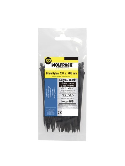 Brida Nylon 100%. Color Negro 9,0 x 780 mm. Bolsa 100 unidades. Abrazadera Plastico, Organizador Cables, Alta Resistencia