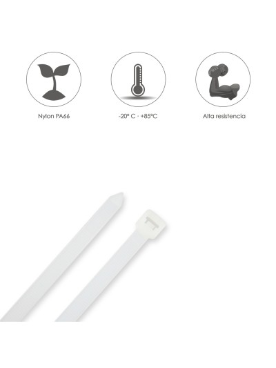 Brida Nylon 100%. Color Blanco / Natural 3,5 x 280 mm. 100 Piezas. Abrazadera Plastico, Organizador Cables, Alta Resistencia