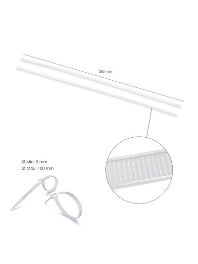 Brida Nylon 100%. Color Blanco / Natural 4,5 x 360 mm. 100 Piezas. Abrazadera Plastico, Organizador Cables, Alta Resistencia