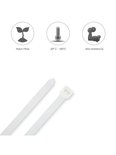 Brida Nylon 100%. Color Blanco / Natural 4,5 x 360 mm. 100 Piezas. Abrazadera Plastico, Organizador Cables, Alta Resistencia