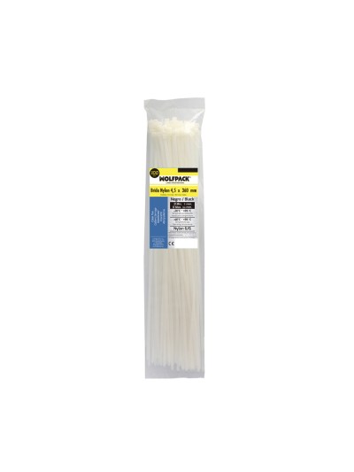 Brida Nylon 100%. Color Blanco / Natural 4,5 x 360 mm. 100 Piezas. Abrazadera Plastico, Organizador Cables, Alta Resistencia