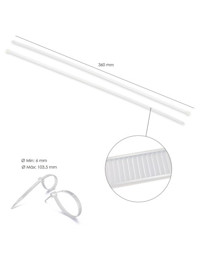 Brida Nylon 100%. Color Blanco / Natural 7,5 x 360 mm. 100 Piezas. Abrazadera Plastico, Organizador Cables, Alta Resistencia