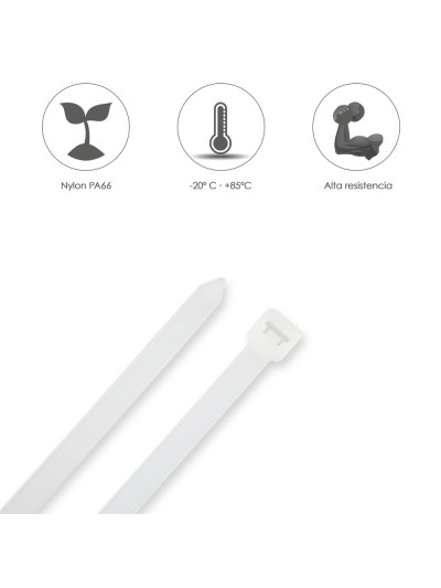 Brida Nylon 100%. Color Blanco / Natural 7,5 x 360 mm. 100 Piezas. Abrazadera Plastico, Organizador Cables, Alta Resistencia