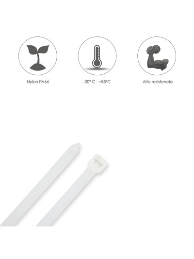 Brida Nylon 100%. Color Blanco / Natural 2,5 x135 mm. 100 Piezas. Abrazadera Plastico, Organizador Cables, Alta Resistencia