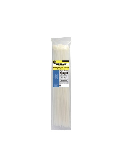 Brida Nylon 100%. Color Blanco / Natural 2,5 x135 mm. 100 Piezas. Abrazadera Plastico, Organizador Cables, Alta Resistencia