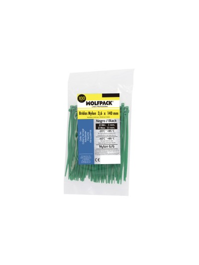 Brida Nylon 100%. Color Verde 3,6 x 140 mm. Bolsa 100 Unidades. Abrazadera Plastico, Organizador Cables, Alta Resistencia