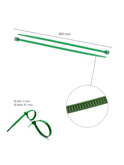 Brida Nylon 100%. Color Verde 4,6 x 300 mm. Bolsa 100 Unidades. Abrazadera Plastico, Organizador Cables, Alta Resistencia