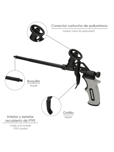 Pistola Para Espuma Poliuretano Recubriemiento Integro PTFE  (Interior y Exterior) Pistola Calafatear, Rellenar, Sellar