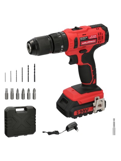 Taladro Atornillador 20 V. Con 2 Velocidades y Percutor. Bateria 2 Ah. Par Apriete 35 Nm.