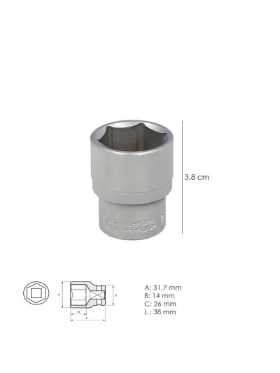 Llave Vaso 1/2" Hexagonal 23 mm. Perfil de 6 caras. Acero Cromo Vanadio, Aristas Redondas