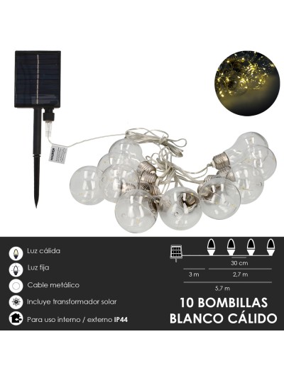 Guirnalda Solar 10 Bombillas / 50 Micro Leds Luz Calida. Bateria Recargable Uso en Exteriores / Interiores Ip44