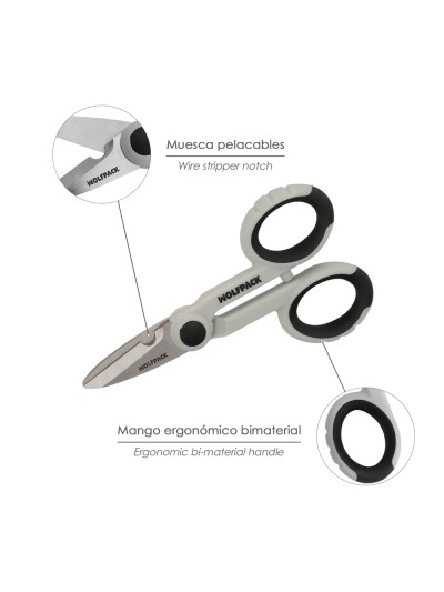 Tijeras Electricista 140 mm. Mango TPR No tension. Hojas Acero Inoxidable, Ergonomicas, Tijeras Cortar Cable, Pelacables